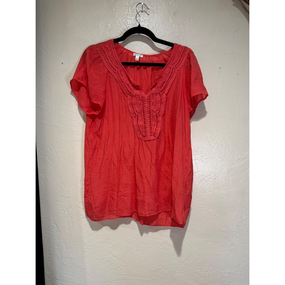 Spense Women Coral Red Crochet Lace Bib V-Neck Crinkle Blouse Top Large L